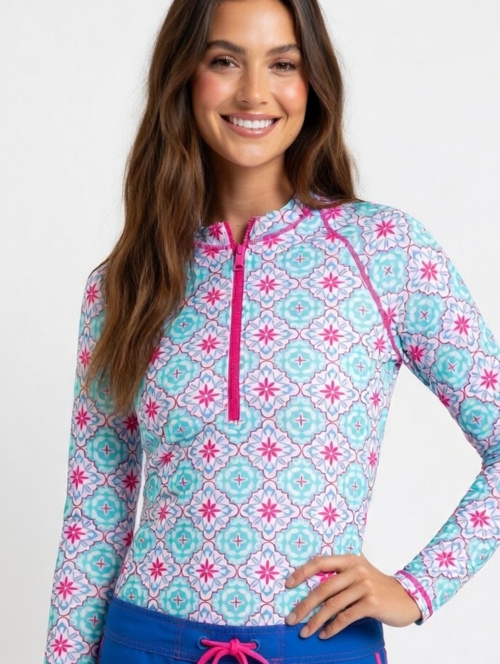 Aqua SOL Womens Upf 50 Swimwear Set - Pink and Blue Floral Pattern (SIZE:SMALL)